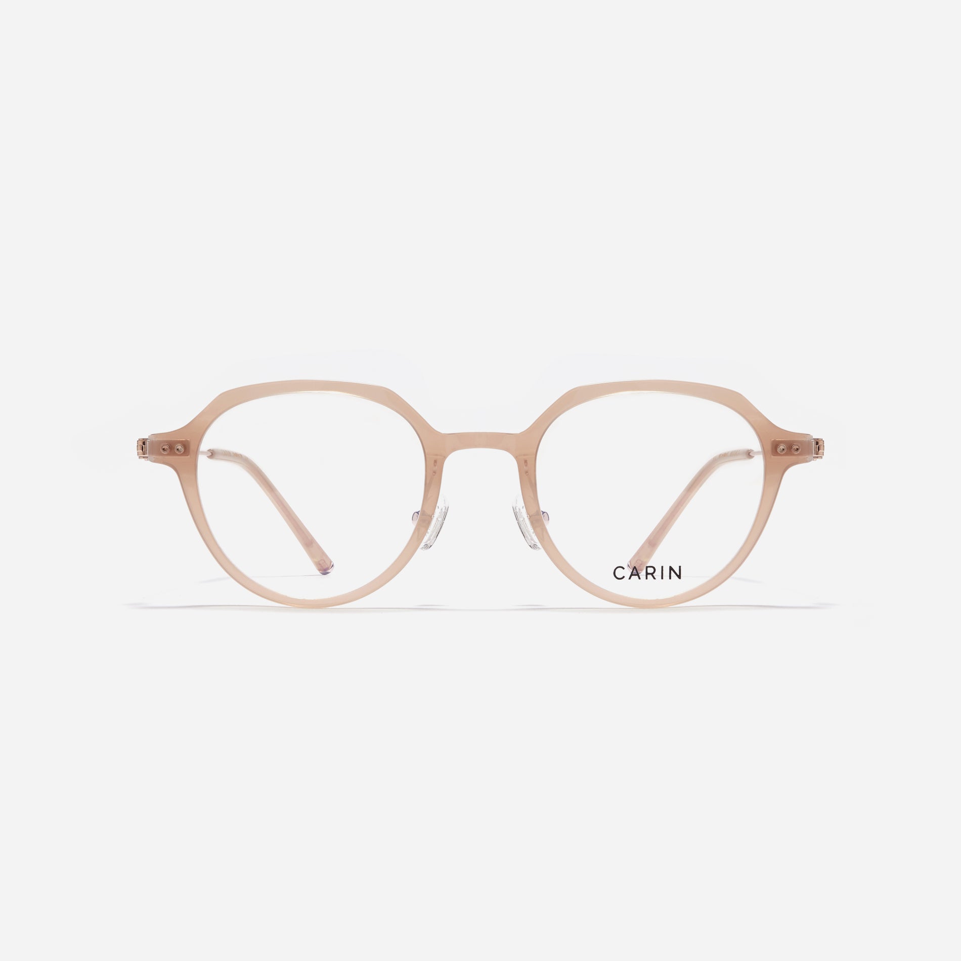 Polygonal-shaped eyeglasses crafted with a blend of G850 bio-plastic and stainless steel, ensuring resilience against breakage. Incorporated with CARIN's patented anti-loosening hinge technology, these eyeglasses ensure a consistently comfortable fit.