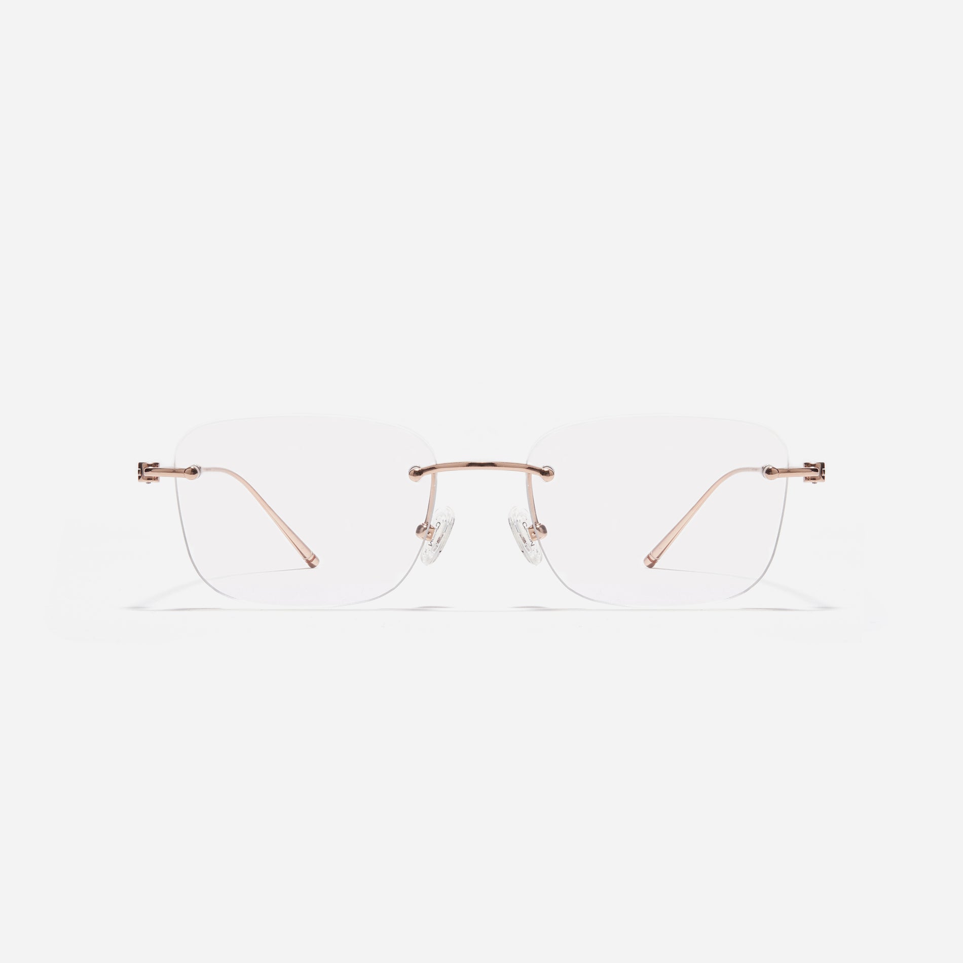 Rimless square-shaped retro eyeglasses. Featuring narrow rims and dual lining on the tips, these eyeglasses ensure a consistently comfortable fit and prevent slipping.