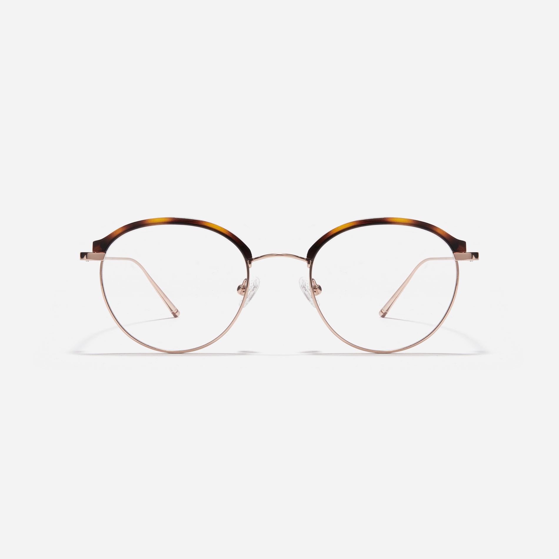 Round-shaped combination eyeglasses with a semi-rimless design. Plia R design incorporates dual lining on the tips to prevent slipping and ensure a consistently comfortable wearing experience.